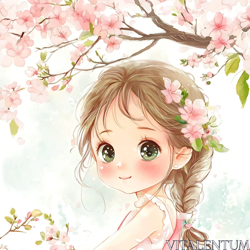 Young Anime Girl with Cherry Blossom Background AI Image