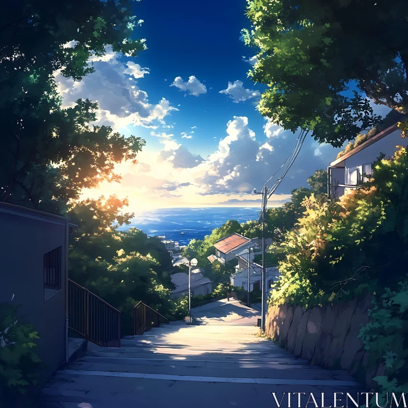 Anime Coastal Stairway with Sunset AI Image