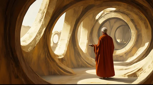 Contemplative Monk in Beige Tunnel