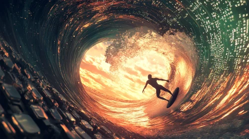 Silhouette of Surfer in Ocean Wave