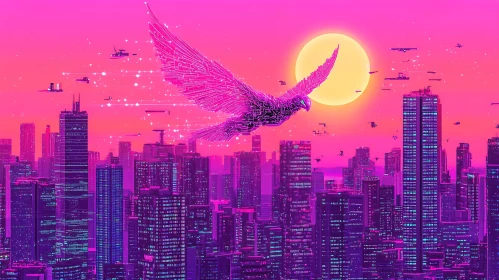 Neon Cityscape with Robotic Bird
