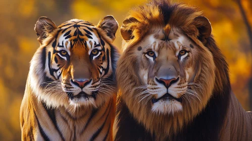 Majestic Lion and Tiger Side by Side