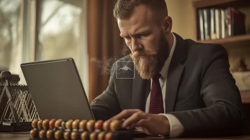 Man in Suit Using Laptop and Abacus