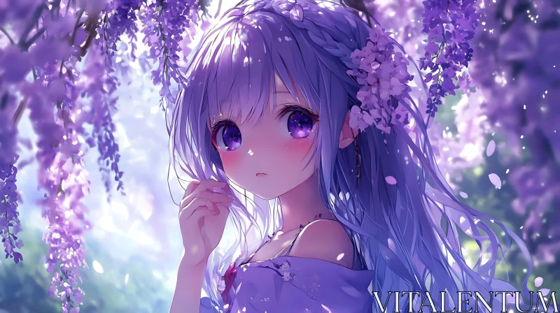 Ethereal Anime Girl in a Purple Blossom Setting AI Image