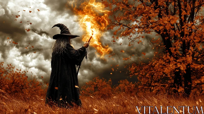 Autumn Witchcraft Scene with Fiery Magic AI Image