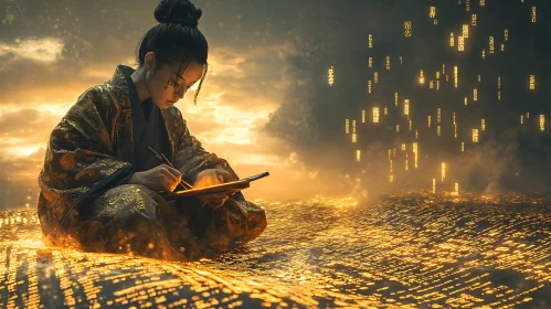 Woman in Kimono Writing on Glowing Tablet