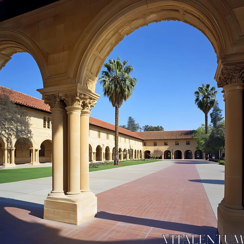 Sunlit Courtyard Featuring Arches and Palm Trees AI Image