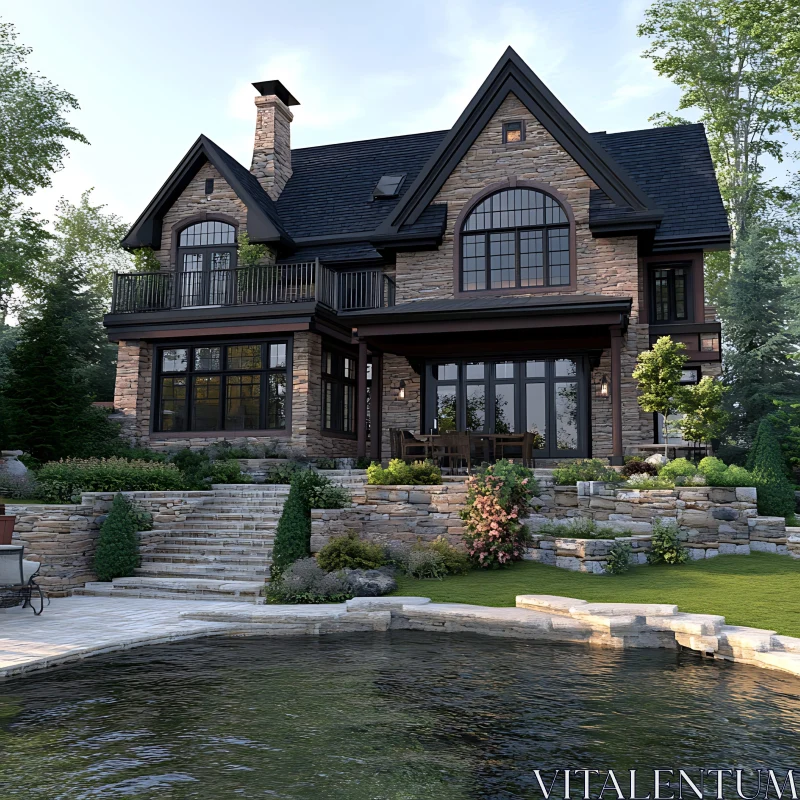 Sophisticated Stone House Design with Scenic Pond AI Image