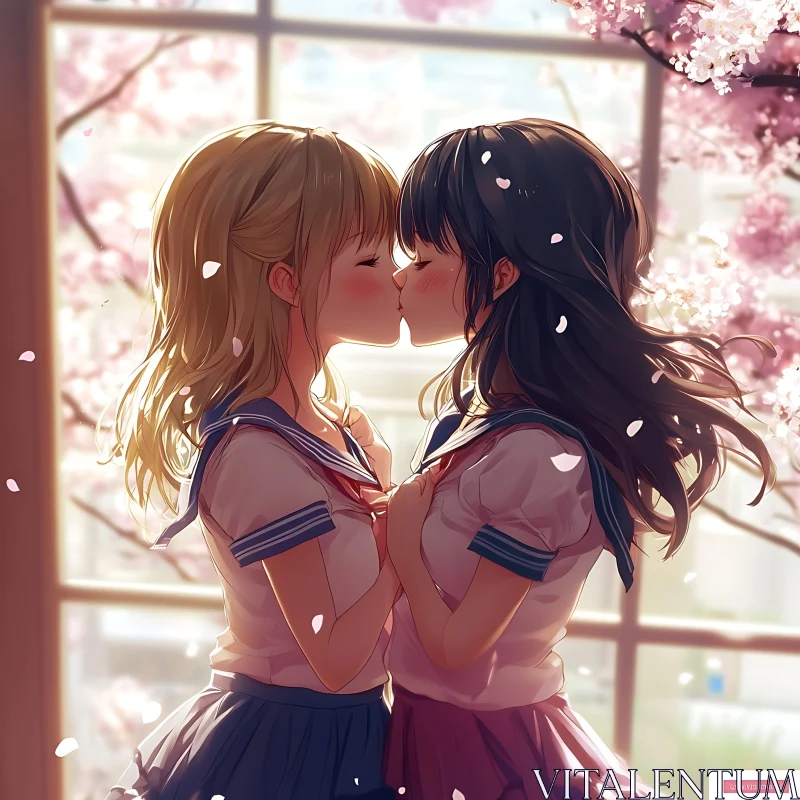 Romantic Anime Scene with Blossoming Sakura AI Image