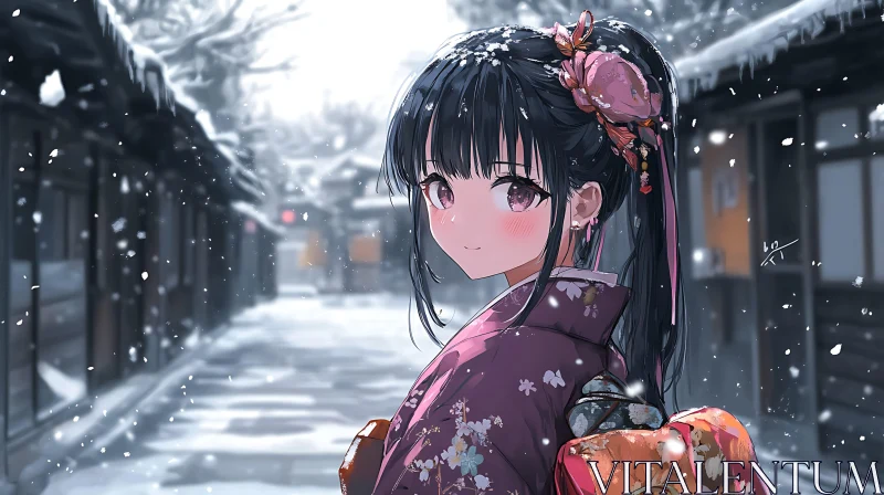 Snowy Day with Anime Girl in Kimono AI Image