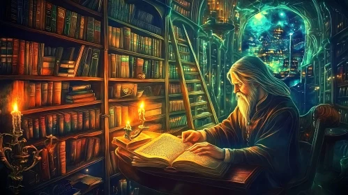 Enchanting Library Scene with Wizard