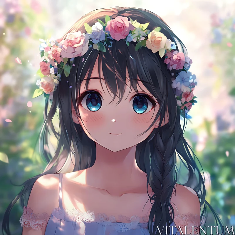 Anime Girl with Braided Hair and Floral Headband AI Image