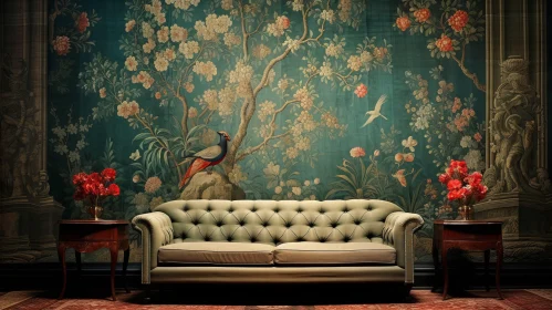 Nature-Inspired Wallpaper Mural in Traditional Interior
