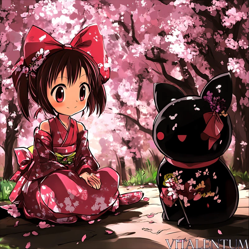 Springtime Anime Scene with Blossoms and Cat AI Image