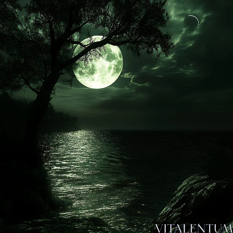 AI ART Tranquil Night Seascape with Full Moon