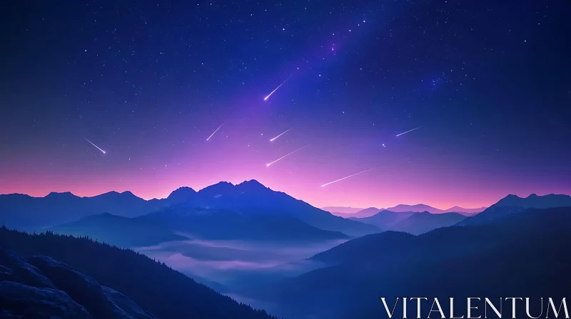 Celestial Mountainscape with Shooting Stars AI Image