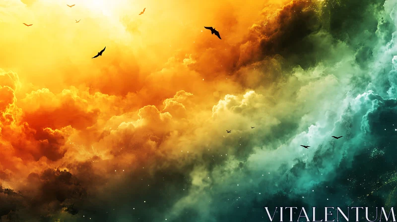 Birds in Gradient Sky AI Image