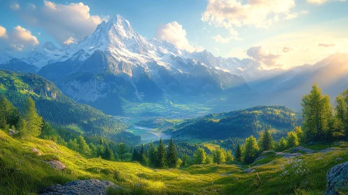 Snowy Peaks and Green Valley Landscape