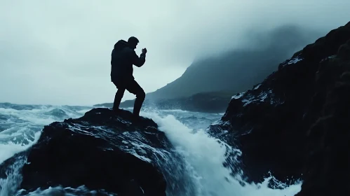 Silhouette on the Rocks by the Sea