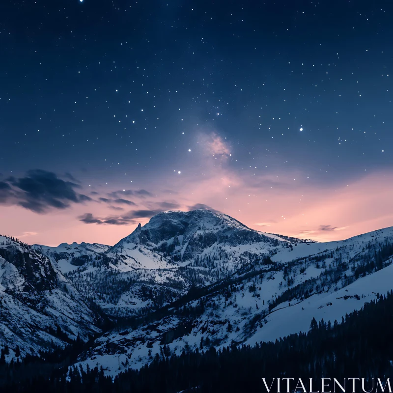 Snowy Mountain Range at Night AI Image