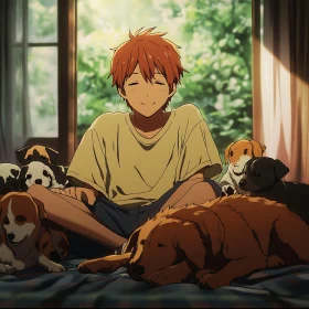 Anime Boy and Dogs in a Bright, Cozy Room