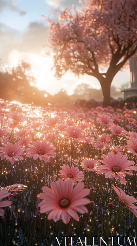 AI ART Sunset Over a Sparkling Field of Pink Flowers