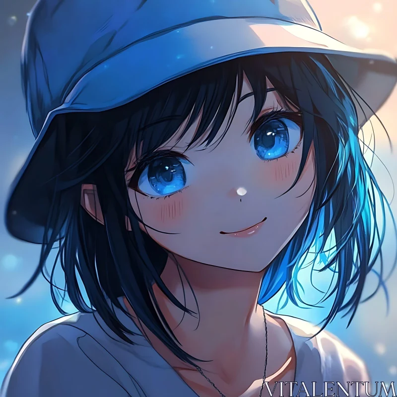 Anime Illustration of Girl with Blue Eyes and Hat AI Image