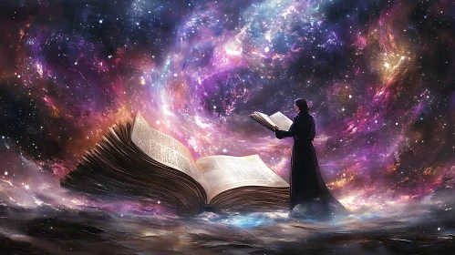 Celestial Reader Amidst Cosmic Book