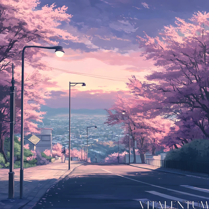 Scenic Cherry Blossom Avenue During Dusk AI Image