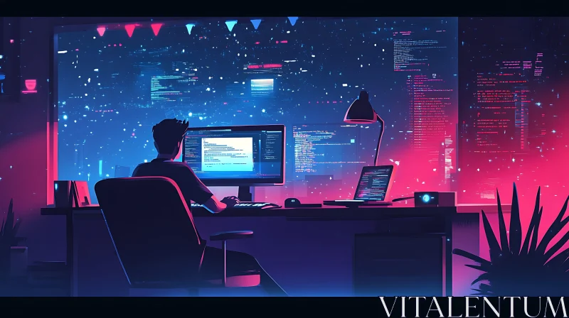 Coder In Neon City At Night AI Image