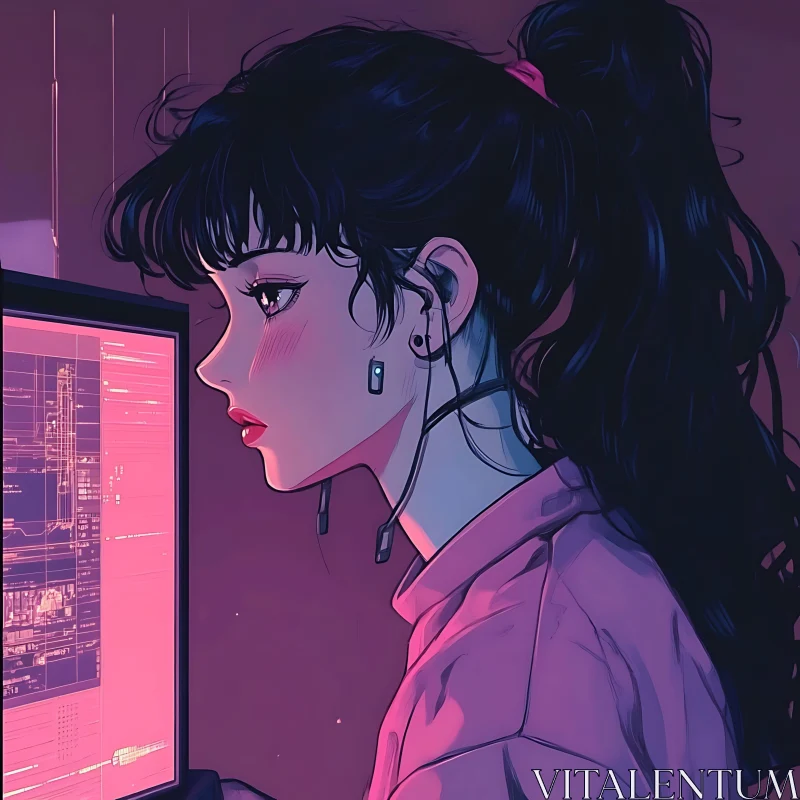 Focused Anime Girl at Illuminated Computer Screen AI Image