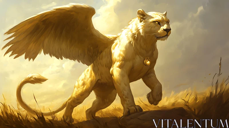 Winged Lion with Golden Fur and Medallion AI Image