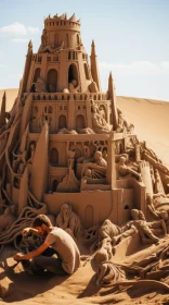 Craftsman Building Majestic Sand Castle in Desert