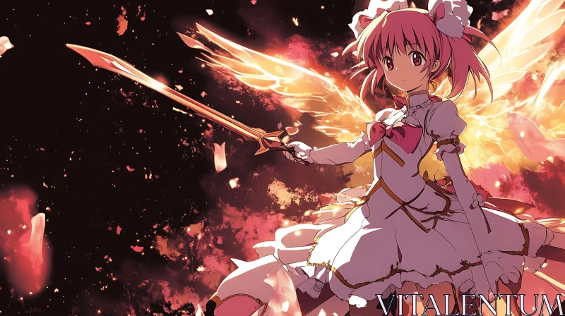 Magical Anime Warrior in Dress with Sword and Wings AI Image