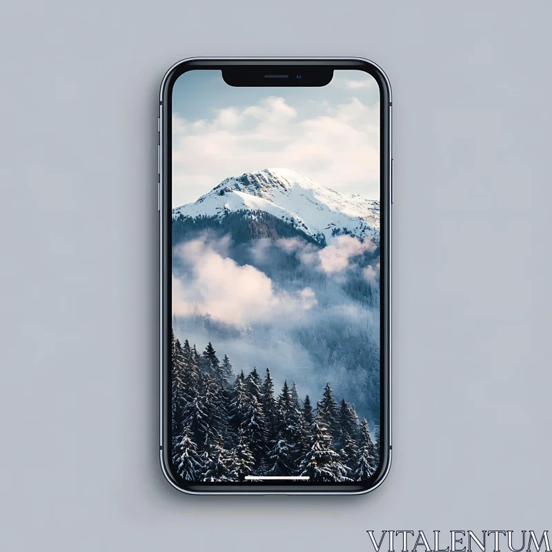 Snowy Mountain Forest on Mobile Device AI Image