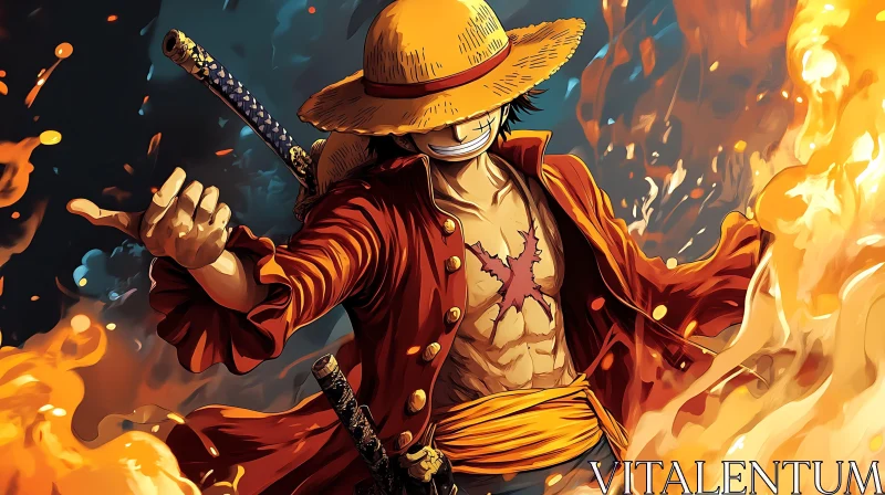 Flaming Anime Warrior with Straw Hat AI Image