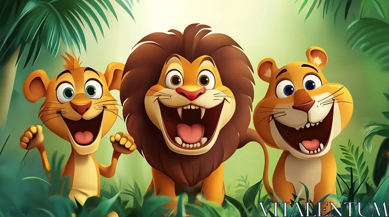 Three Happy Lions Cartoon Illustration AI Image