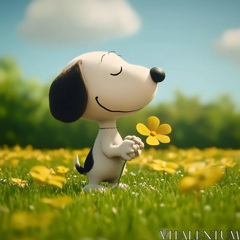 Cute Cartoon Dog Holding a Flower in a Sunny Field AI Image