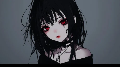 Somber Anime Girl with Red Eyes and Black Hair