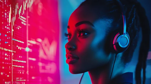 Woman Analyzing Data in Neon Light