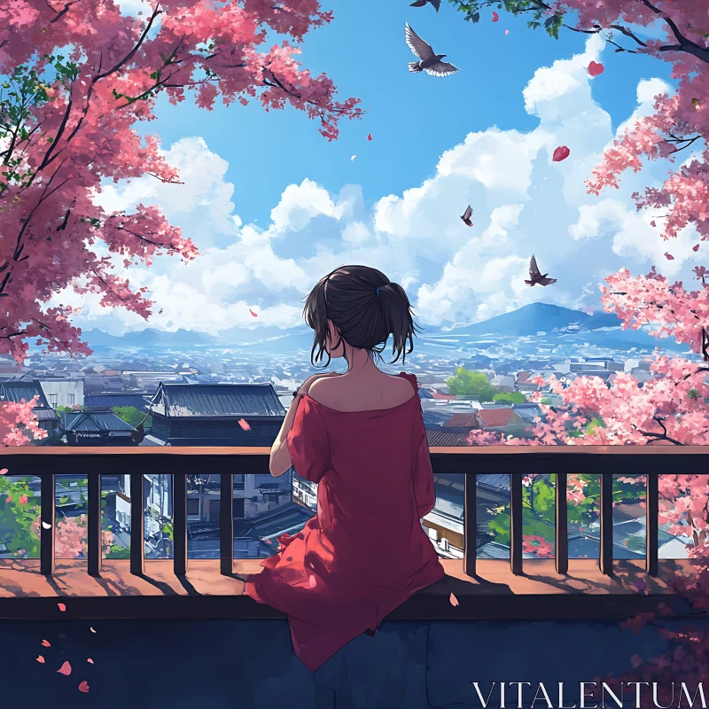 Serene Anime Scene with Cherry Blossoms and Rooftop View AI Image