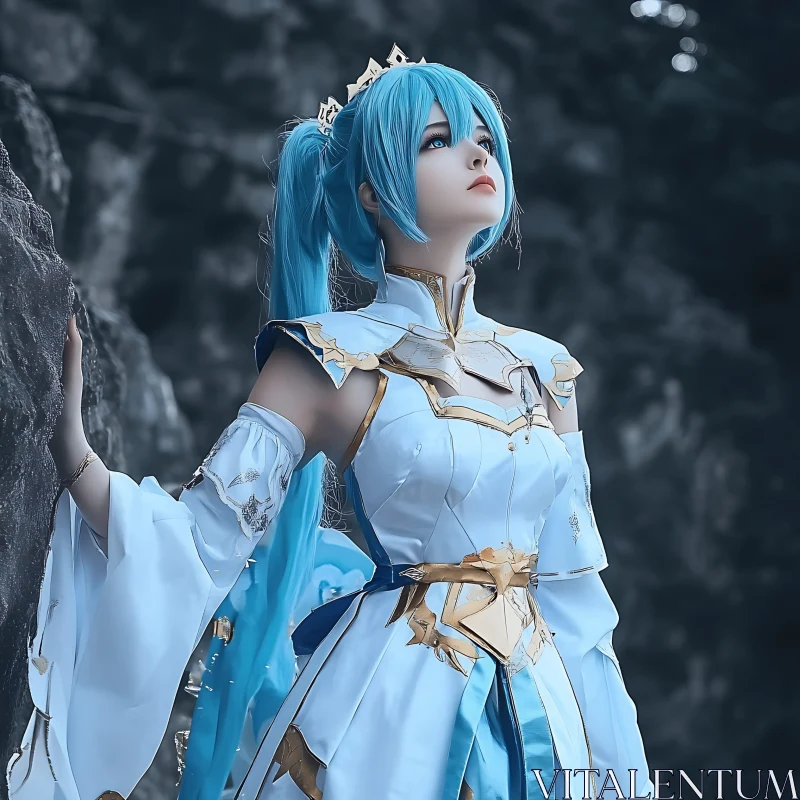 Fantasy Cosplay with Blue Hair and Gold Accented Dress AI Image