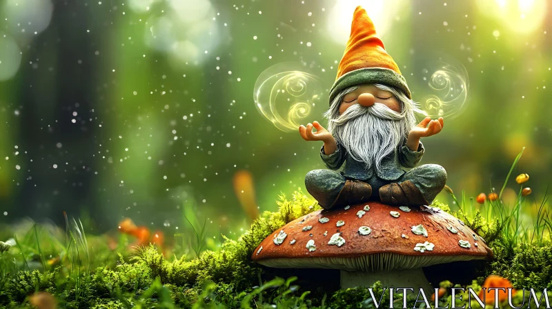 AI ART Meditative Gnome on Mushroom