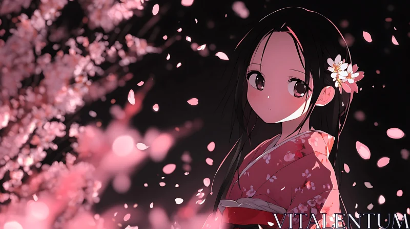 Anime Girl in Floral Kimono Amidst Cherry Blossoms AI Image