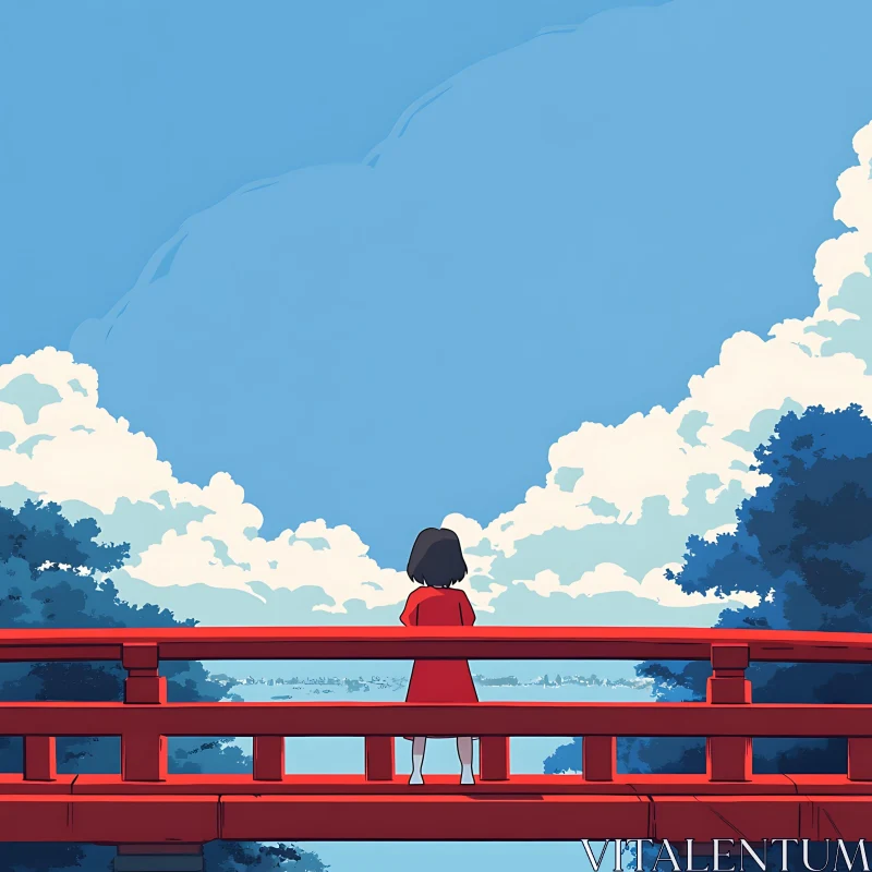 Serene Anime Scene of a Girl on a Red Bridge AI Image