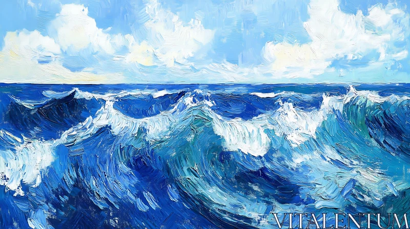 Seascape Painting with Blue Ocean and Clouds AI Image