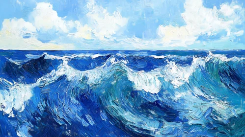 Seascape Painting with Blue Ocean and Clouds