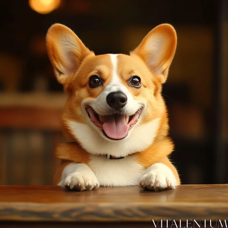 AI ART Happy Corgi on Wooden Surface