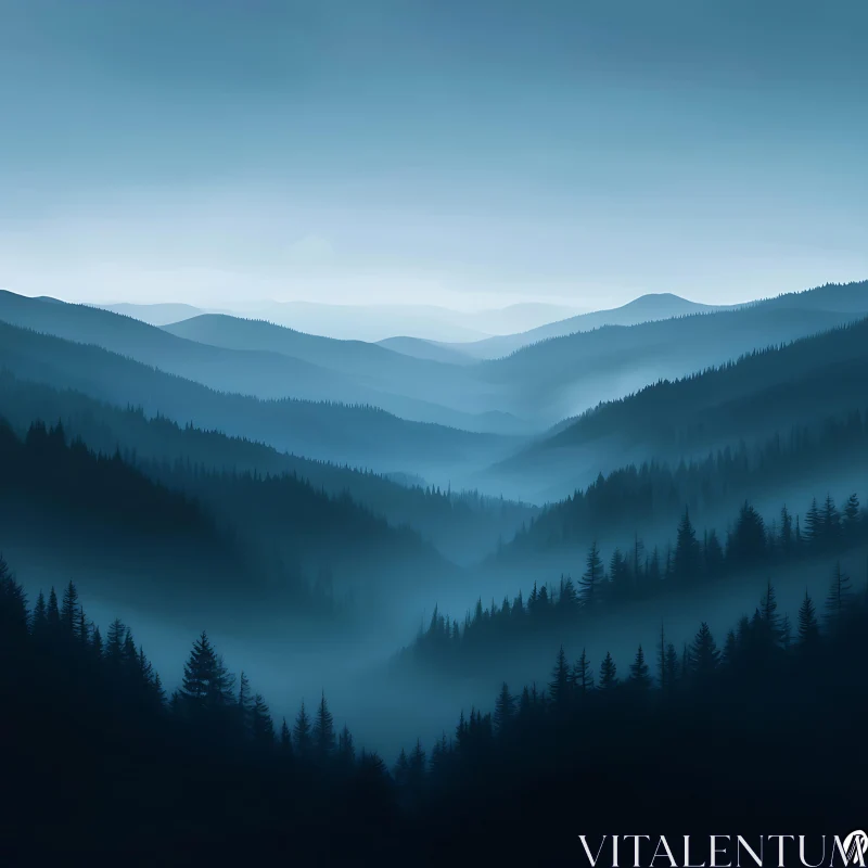 AI ART Layered Mountain Ridges in a Misty Forest Setting