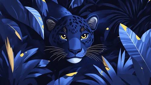 Stylized Leopard Among Blue Leaves